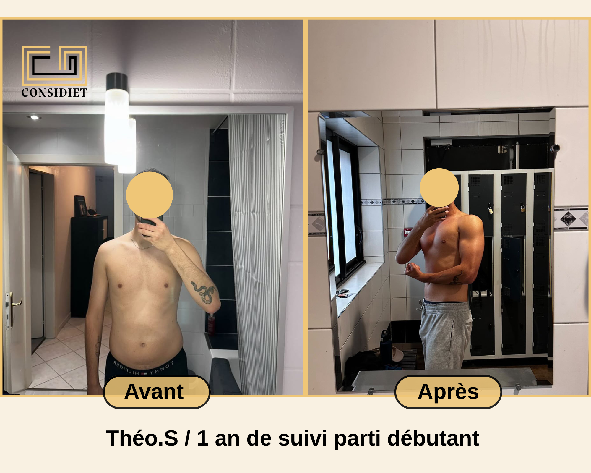 Transformation physique de Théo après 1 an de coaching sport et diététique avec CONSIDIET. Évolution musculaire avant après de face.