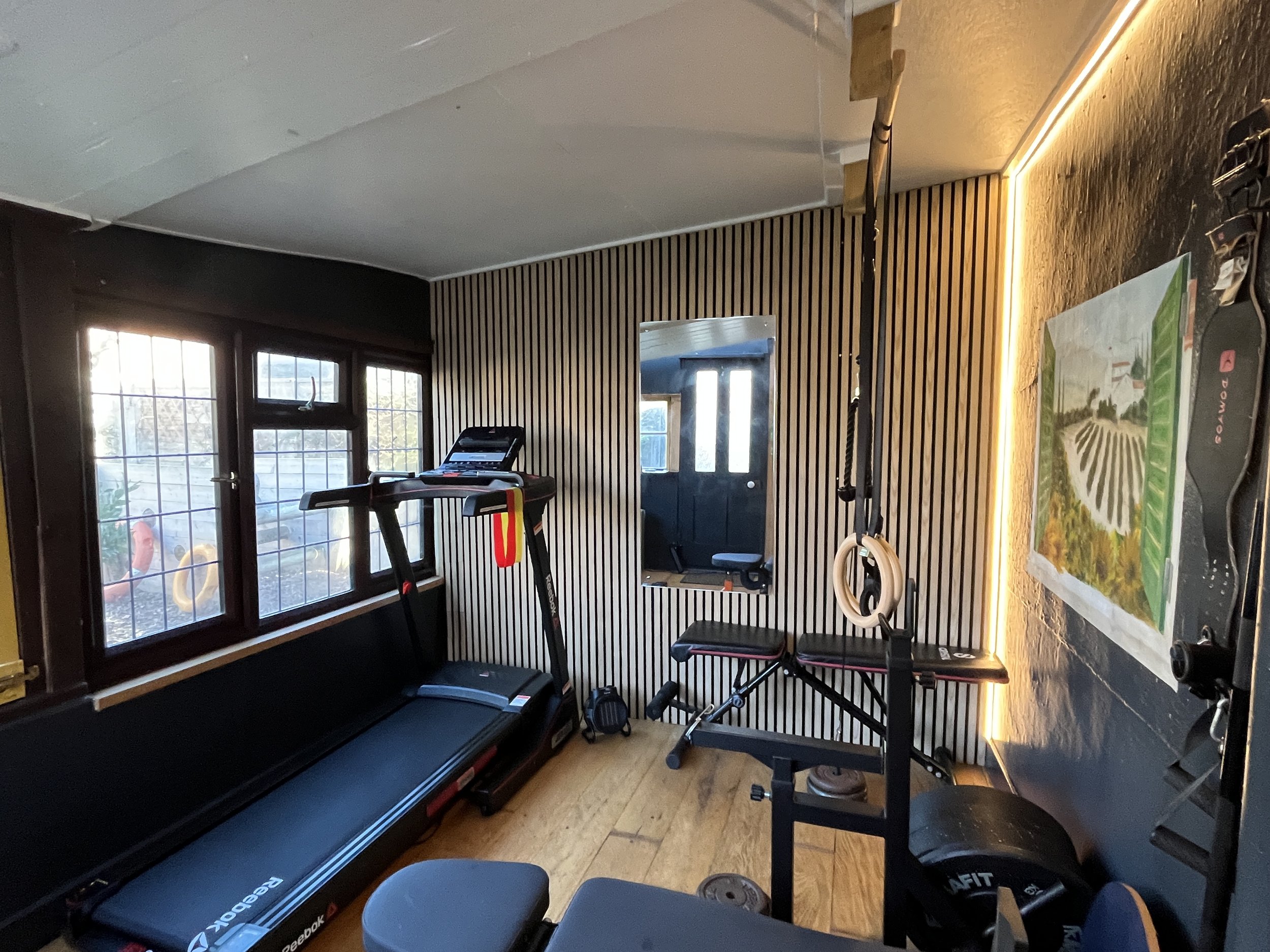 Home gym room with a treadmill, workout equipment, a mirror on the wall, gymnastic rings hanging from the ceiling, a large window, and a painting of a vineyard on the wall.