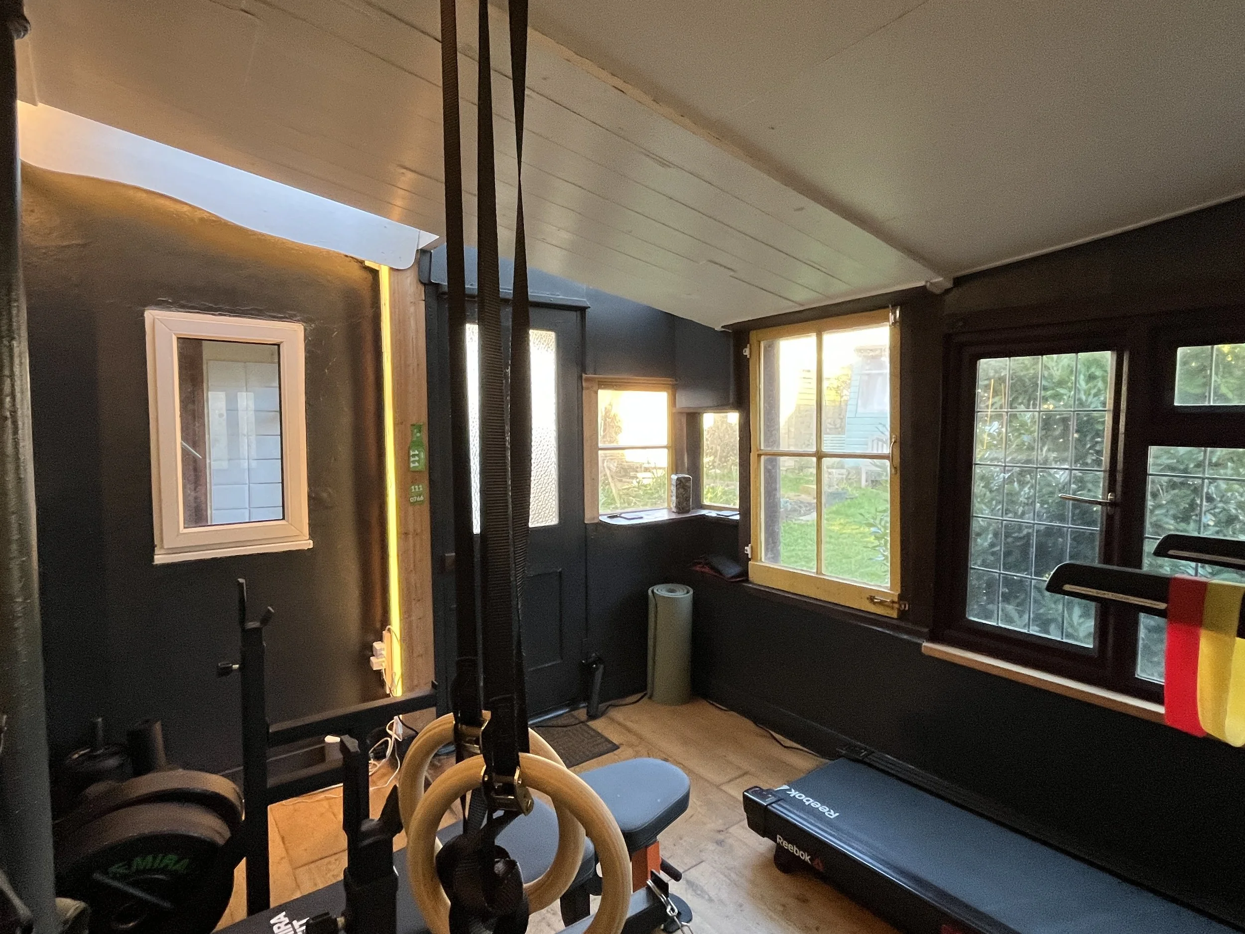 Home gym with workout equipment, gymnastic rings, treadmill, and windows showing sunny outdoor yard.