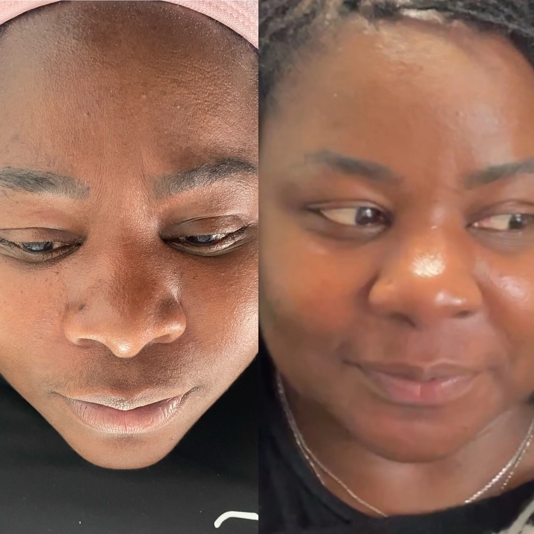 before and after Close-up of two women's faces side by side, one with a pink headscarf, both with natural skin tones and looking downward.. sisterlocks (tm) retie