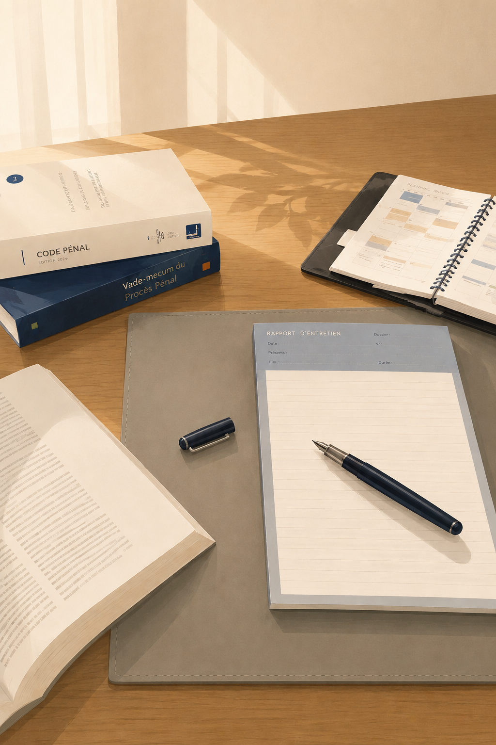 Codes juridiques, bloc-notes et stylo sur le bureau du cabinet d'avocat