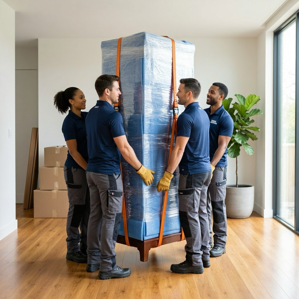 Five movers in matching uniforms carefully lift a large wrapped piece of furniture in a modern room with hardwood floors and large windows.
