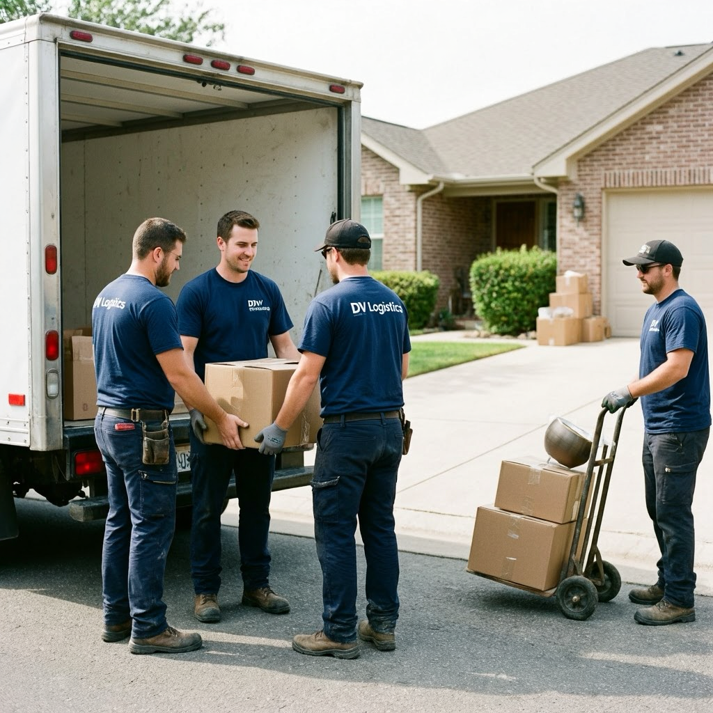 Four movers in blue shirts loading boxes into a moving truck parked in front of a house.