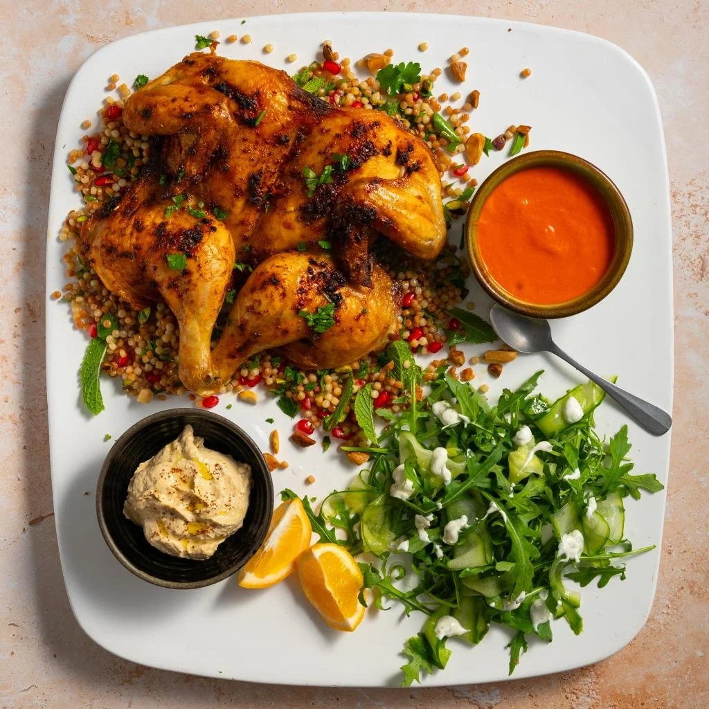 Harissa Roasted Chicken with Romesco, Hommus, Couscous and Leaves