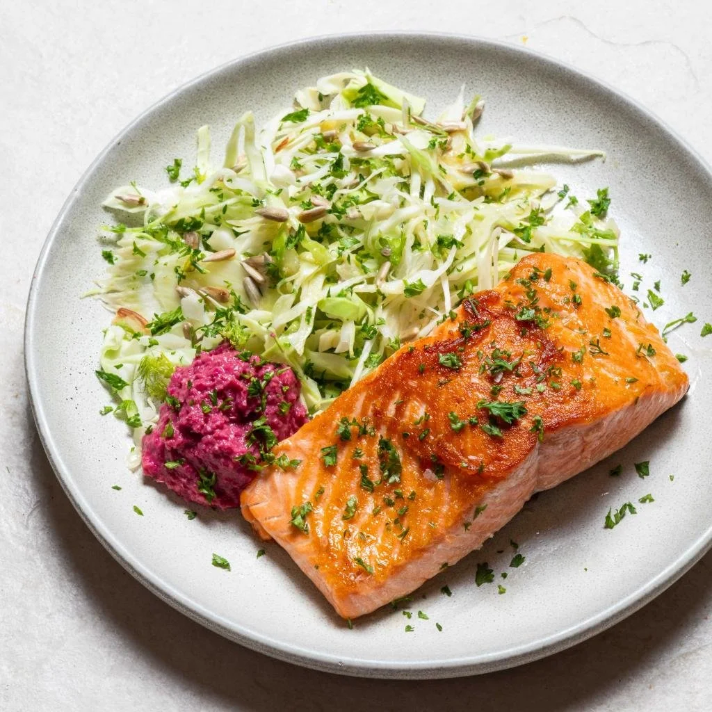 Seared Salmon with Fennel Slaw & Beetroot Hummus