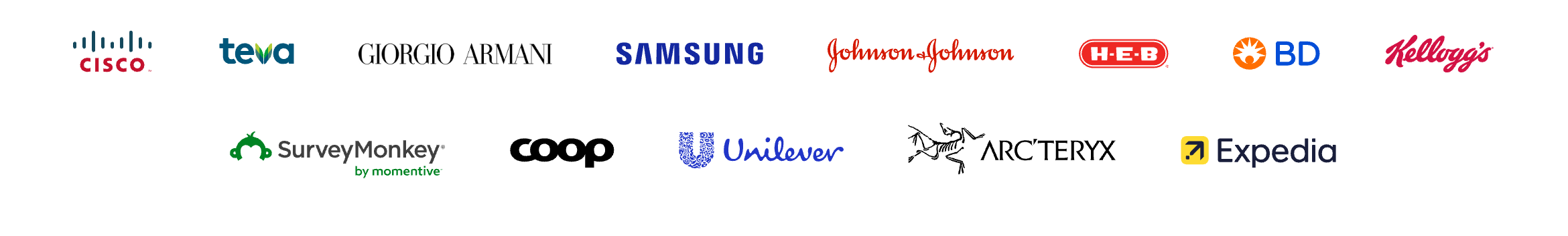 A collection of logos from various companies including Cisco, Tava, Giorgio Armani, Samsung, Johnson & Johnson, H-E-B, BD, Kellogg's, SurveyMonkey, Coop, Unilever, Arc'teryx, and Expedia.