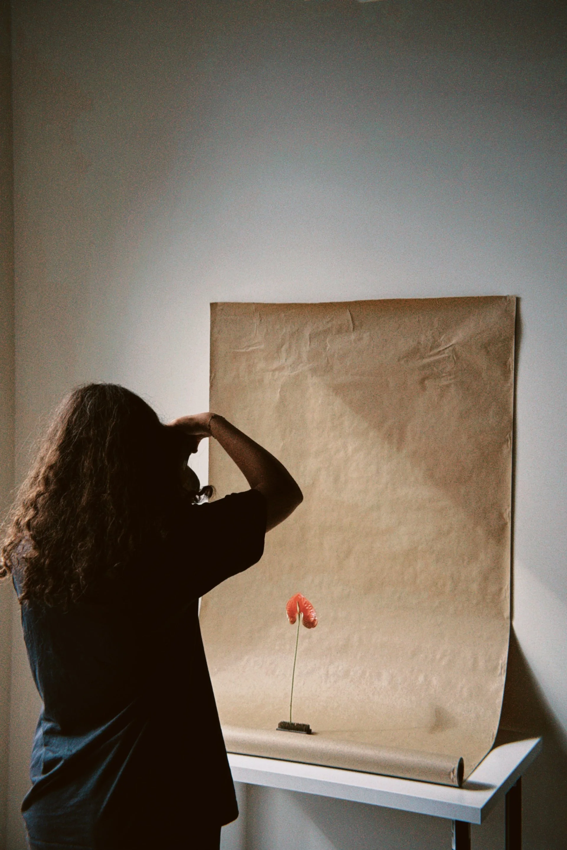 A person with long curly hair is standing in front of a large beige paper backdrop, reaching up with their right hand. A single red flower on a long green stem is placed on the floor in front of the backdrop. The scene is set indoors with a white table holding the backdrop.