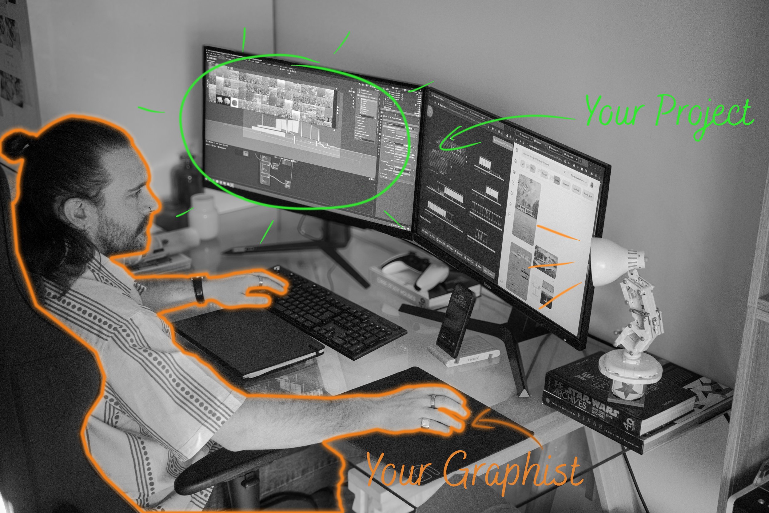 Un homme travaille à un bureau avec deux écrans d'ordinateur affichant un projet de création graphique ou vidéo, une lampe de bureau, un smartphone, un carnet de notes, et des livres, dont un intitulé 'Star Wars'.