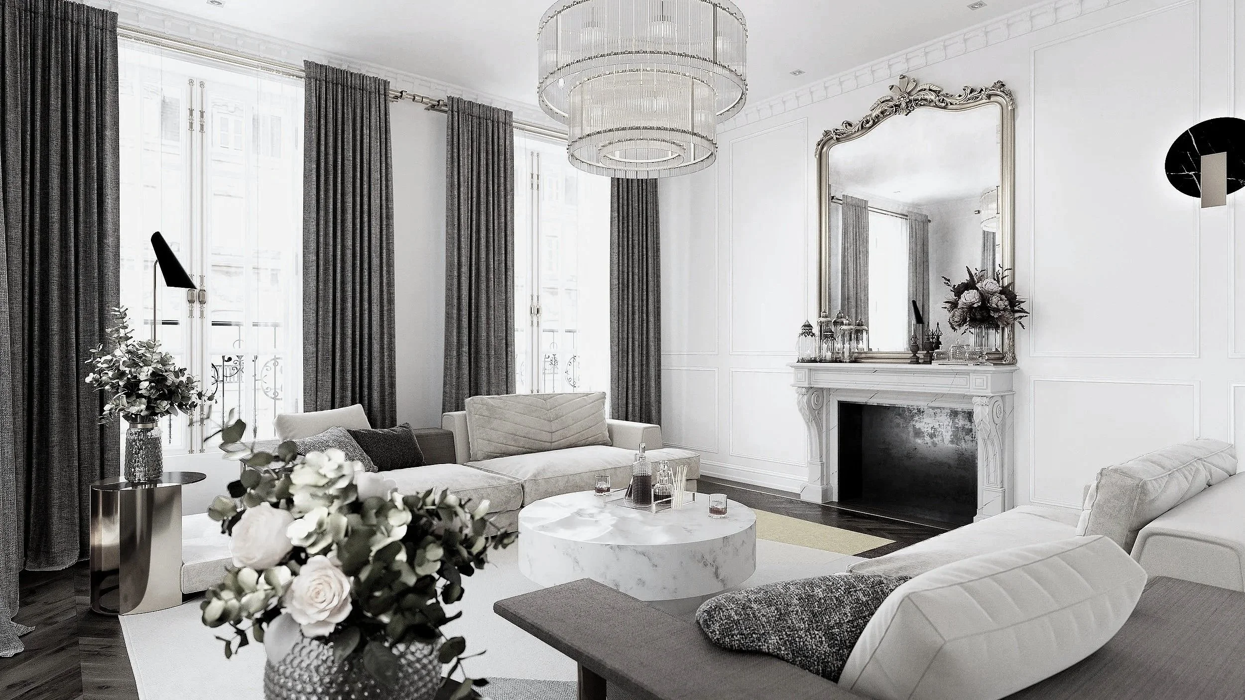 Vue en 3D photoréaliste d'un salon Haussmannien