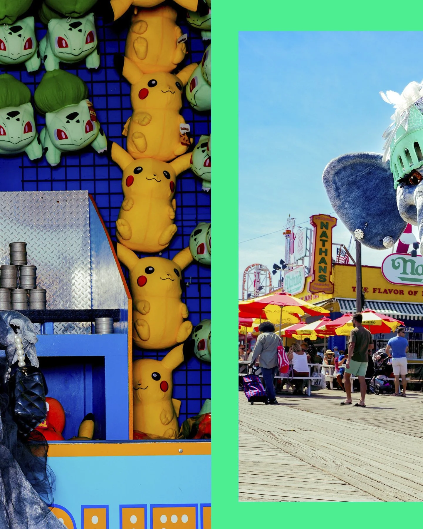 Side-by-side photos of a carnival. The left photo shows plush Pikachu and Bulbasaur toys on a blue grid wall. The right photo shows a busy outdoor amusement park with people, yellow and red umbrellas, and a large heart-shaped balloon with a hat and p