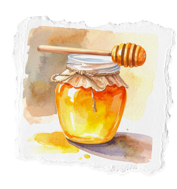 A jar of honey with a honey dipper resting on top, painted in watercolor style.