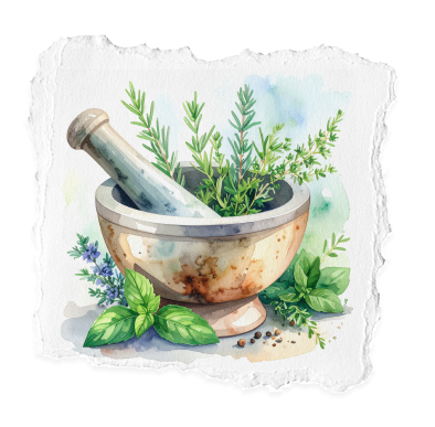 Watercolor illustration of a mortar and pestle with herbs and flowers, symbolizing the sensory aspects of healthy eating.