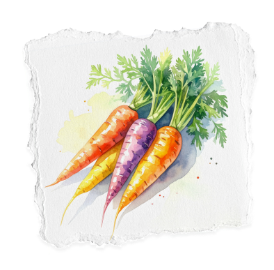 Watercolor illustration of three carrots with green tops, showing orange, purple, and yellow varieties.