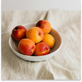 A white bowl filled with peaches and nectarines on a light-colored fabric surface.