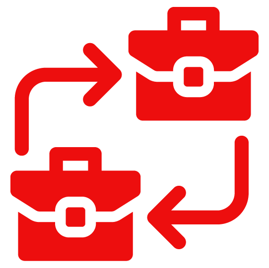 Two red briefcases with arrows indicating a swap or exchange between them.