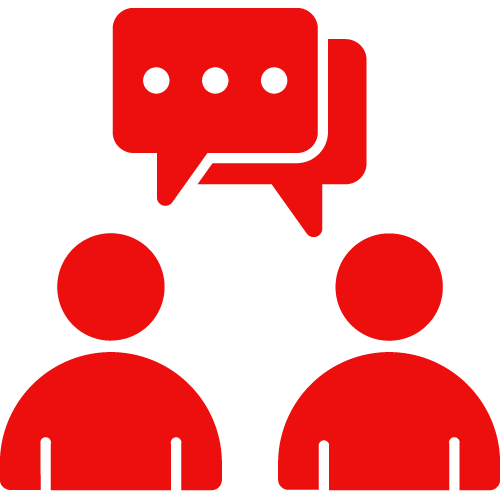 Two stylized human figures talking with speech bubbles above their heads, indicating conversation.