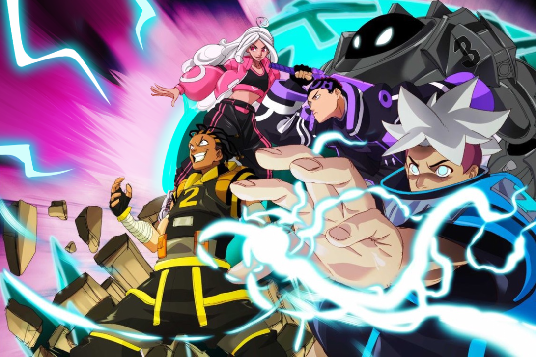 Four animated characters, two males and two females, with one character attacking with lightning powers, set against a vibrant, energetic background with rocks and electric effects.