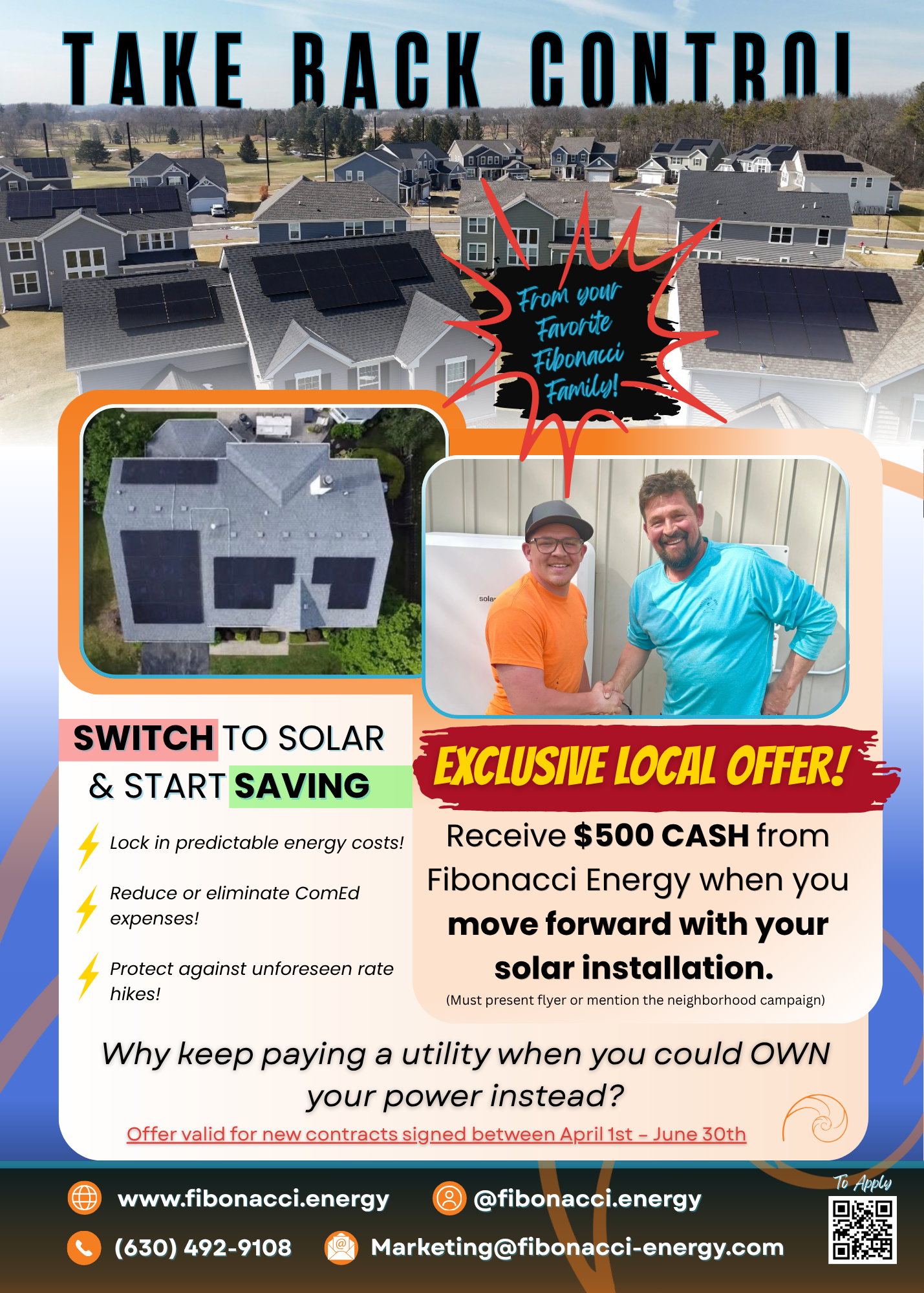 Promotional graphic from Fibonacci Energy offering a $500 cash install bonus, state solar rebates, and a $1,000 referral program to help Illinois homeowners combat rising ComEd electricity rates.