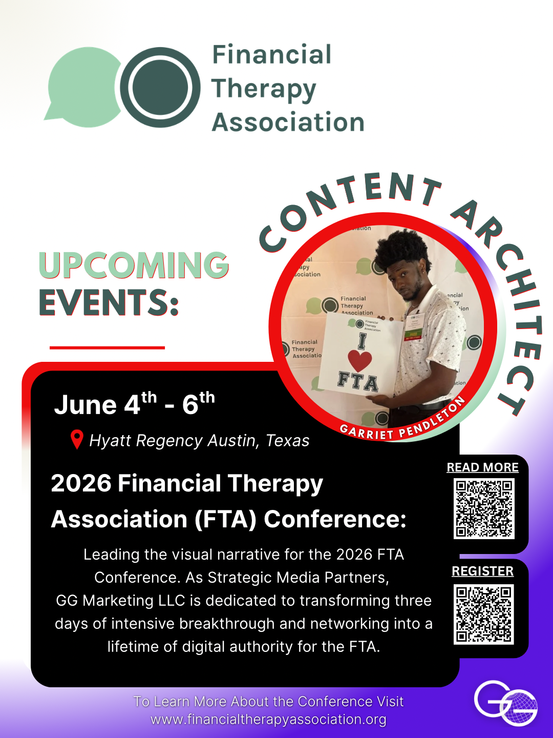 Promotional flyer for the 2026 FTA Conference in Austin, TX, featuring Garriet Pendleton and Strategic Media Partner GG Marketing LLC.