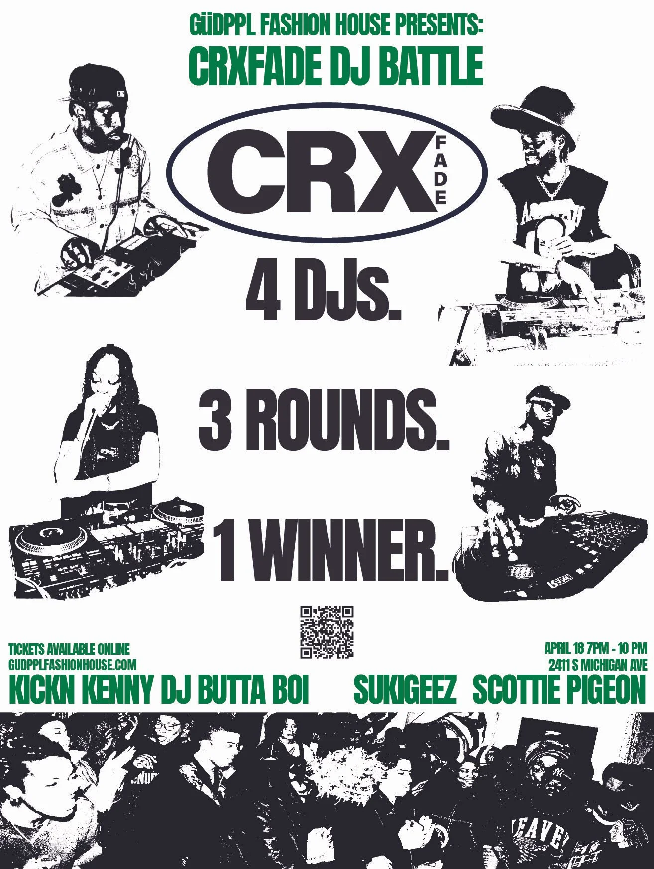 High-contrast flyer for CRXFADE DJ Battle presented by Güdppl Fashion House on April 18 in Chicago.