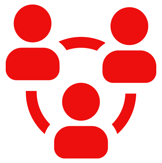 Graphic showing four red person icons connected by lines, representing communication or teamwork.