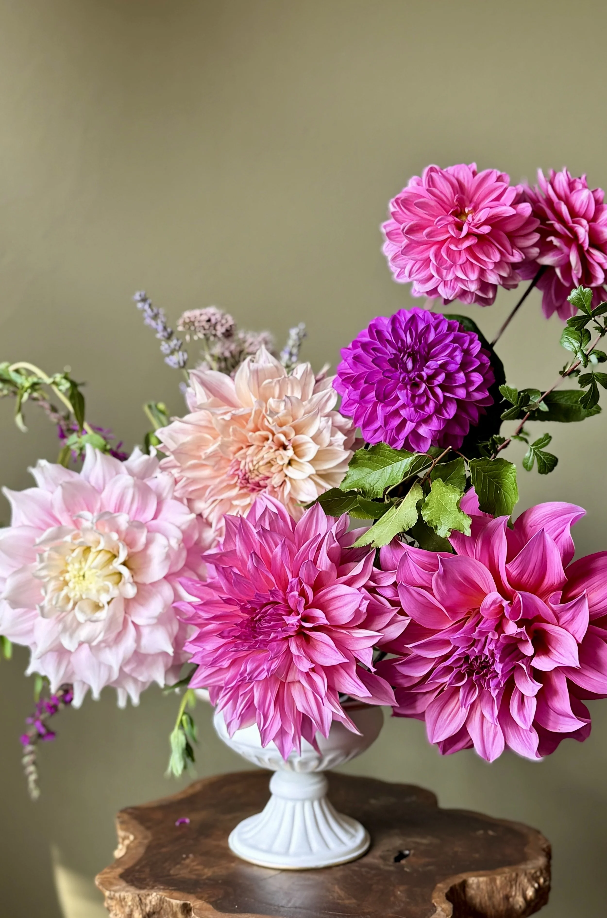 A bouquet of pink, purple, and peach dahlias with greenery in a white vase on a wooden surface against a muted green background.