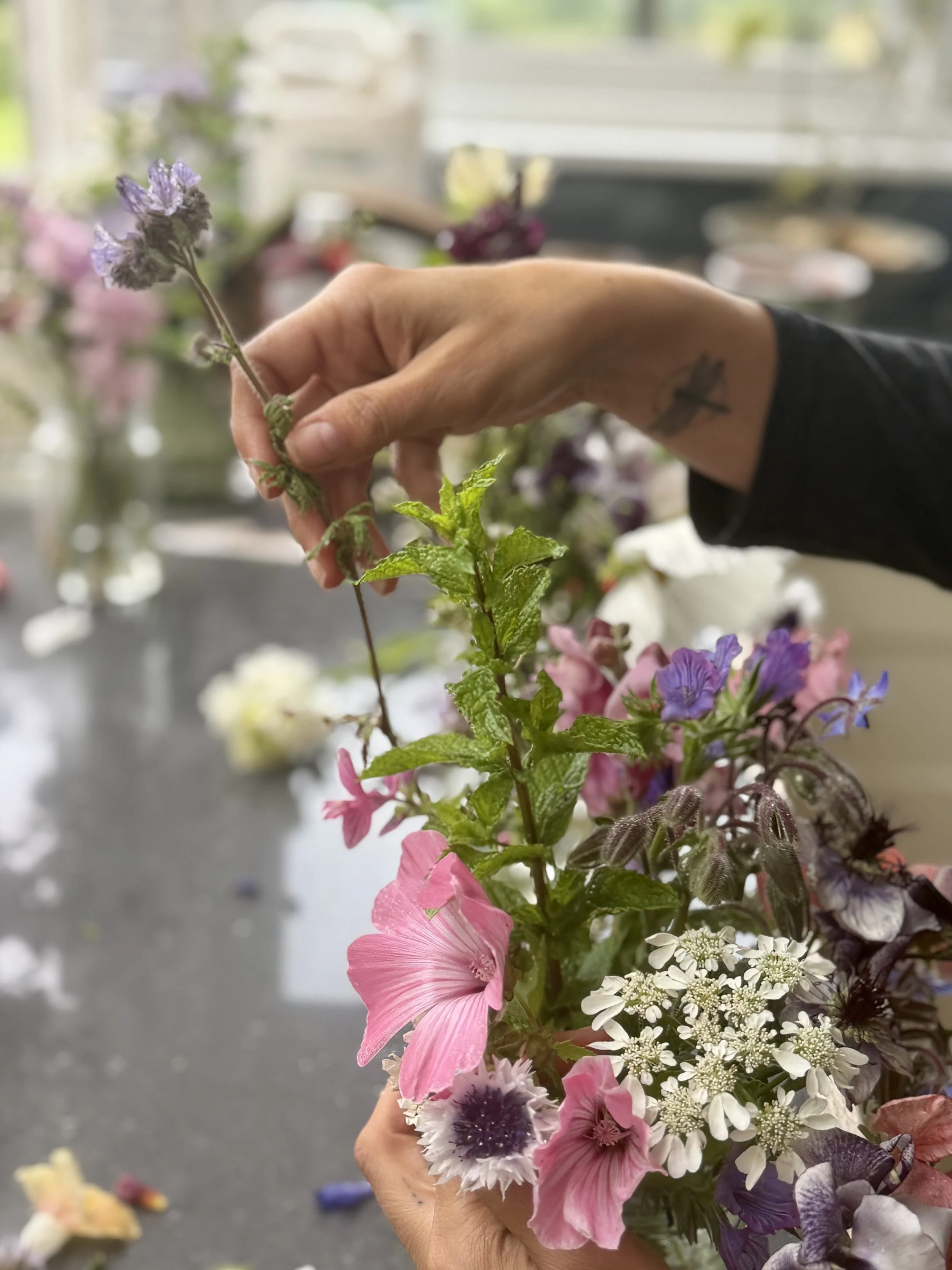Close-up of a hand holding a colorful bouquet of various flowers including pink, purple, white, and green foliage, with a blurred background.