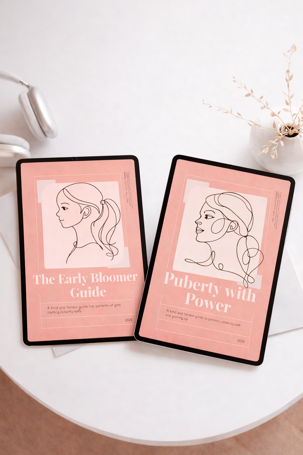 Early Bloomer and Puberty with Power guides displayed on tablets for girls ages 7-14