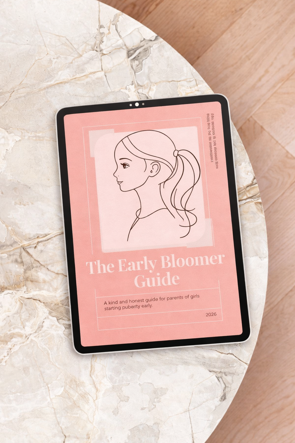 Early puberty guide for girls ages 7-9 on tablet device showing pink cover