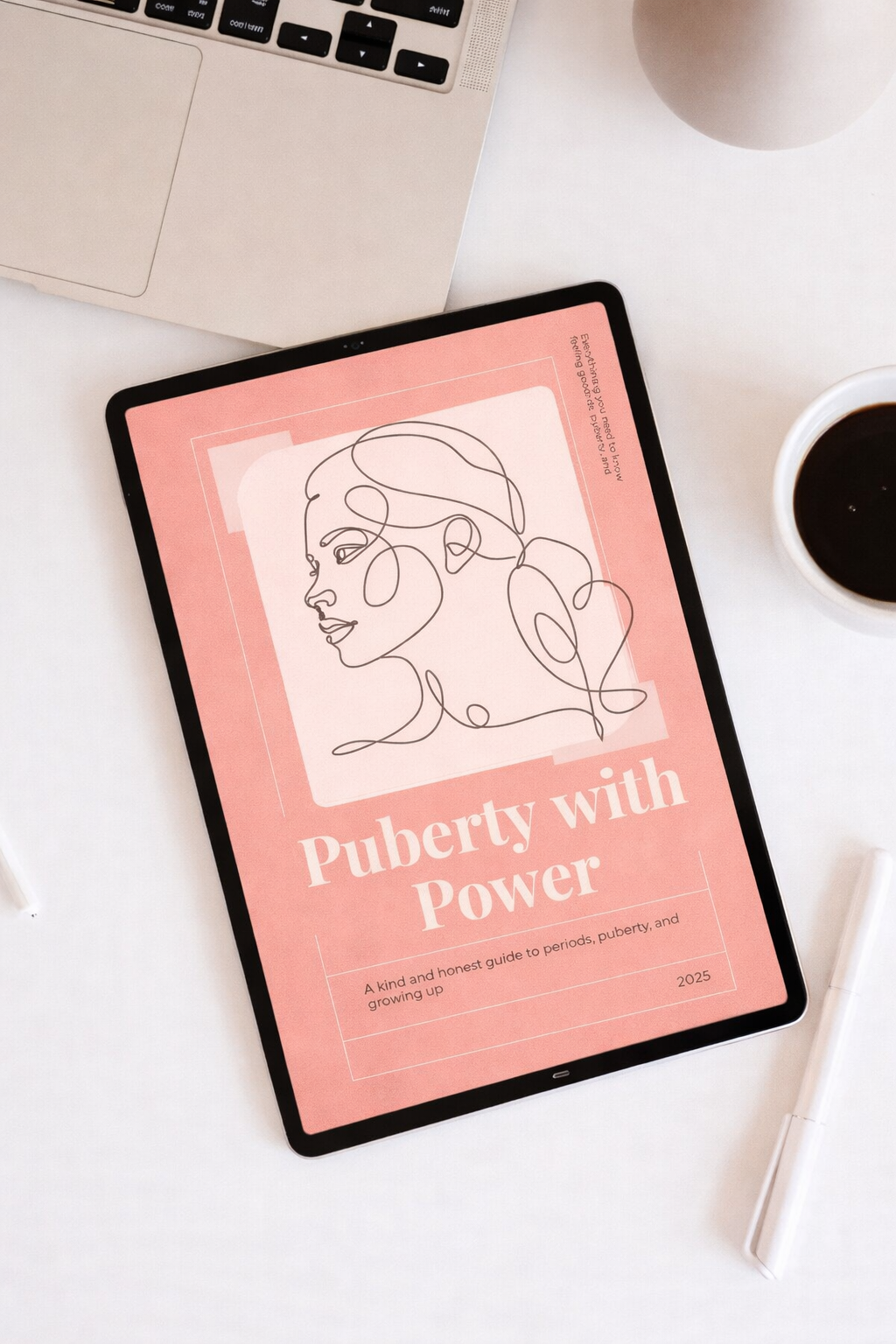 Puberty with Power guide for girls 9-14 showing complete toolkit on tablet