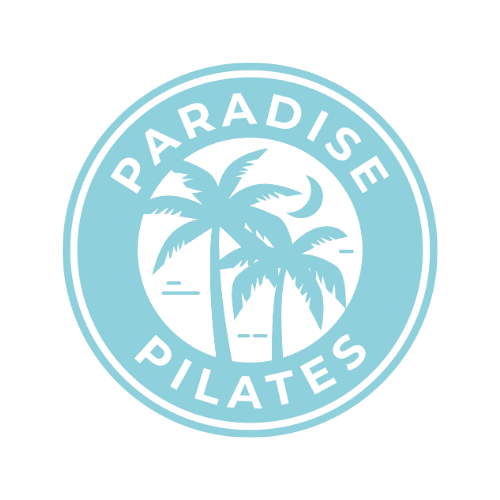 Logo with the text 'Paradise Pilates' surrounding a circle with palm trees and a crescent moon.