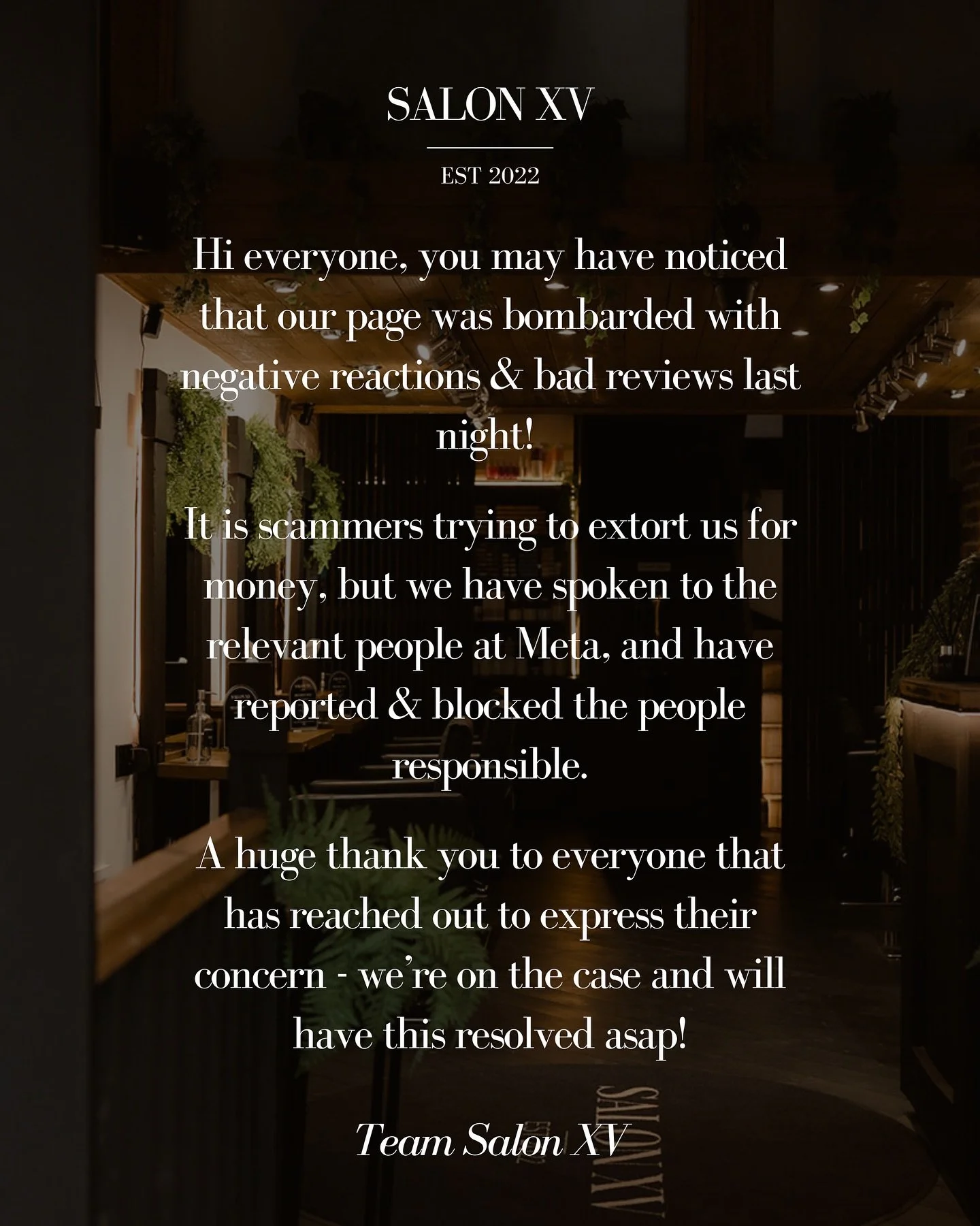 Hi everyone, you may have noticed that our page was bombarded with negative reactions &amp; bad reviews last night!

It is scammers trying to extort us for money, but we have spoken to the relevant people at Meta, and have reported &amp; blocked the 