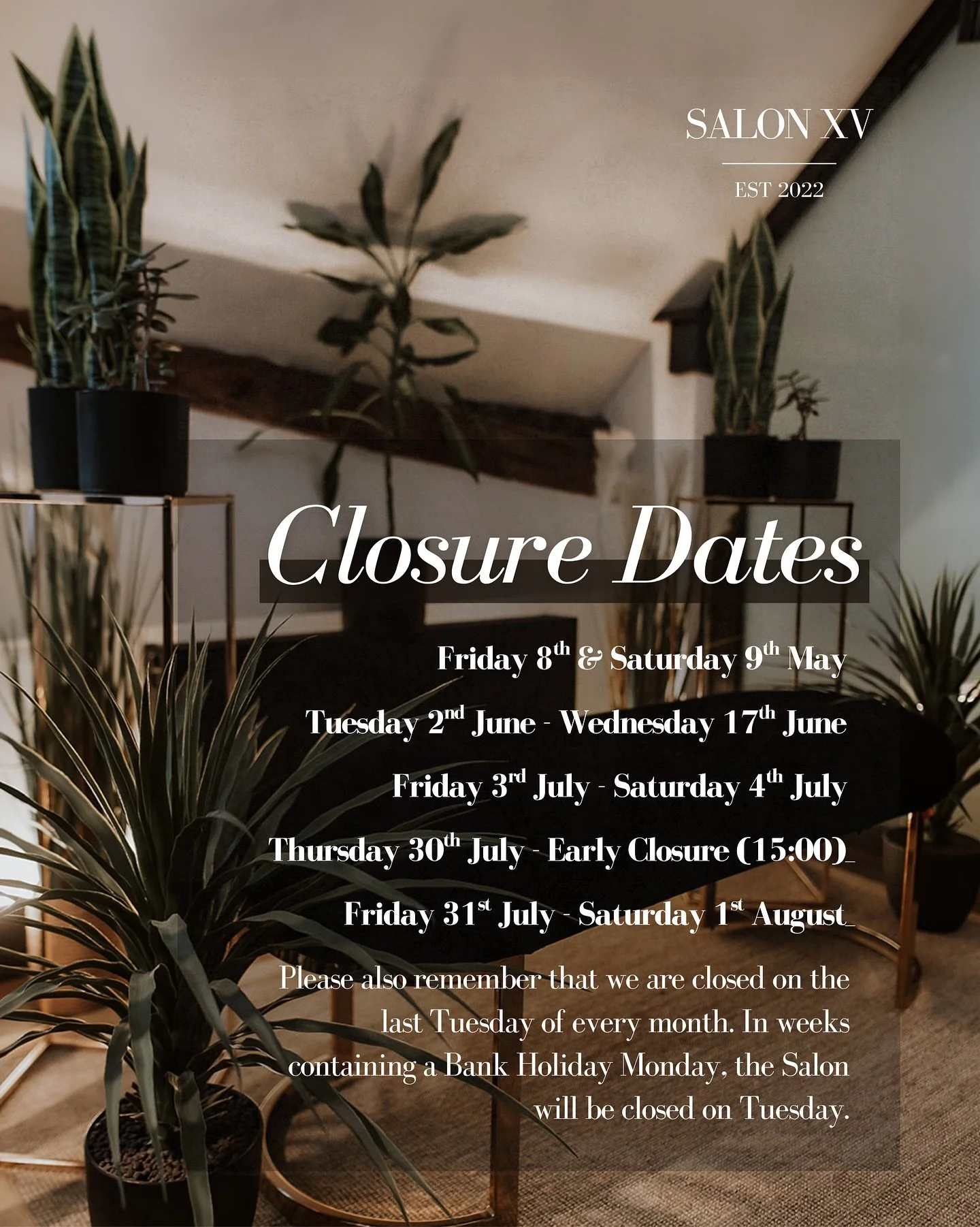 We&rsquo;ll be away from the Salon for a few dates over the coming months. 

If you would like to book with us during this time, please visit our website, email us, or get in touch via our social media channels.

🖤✂️