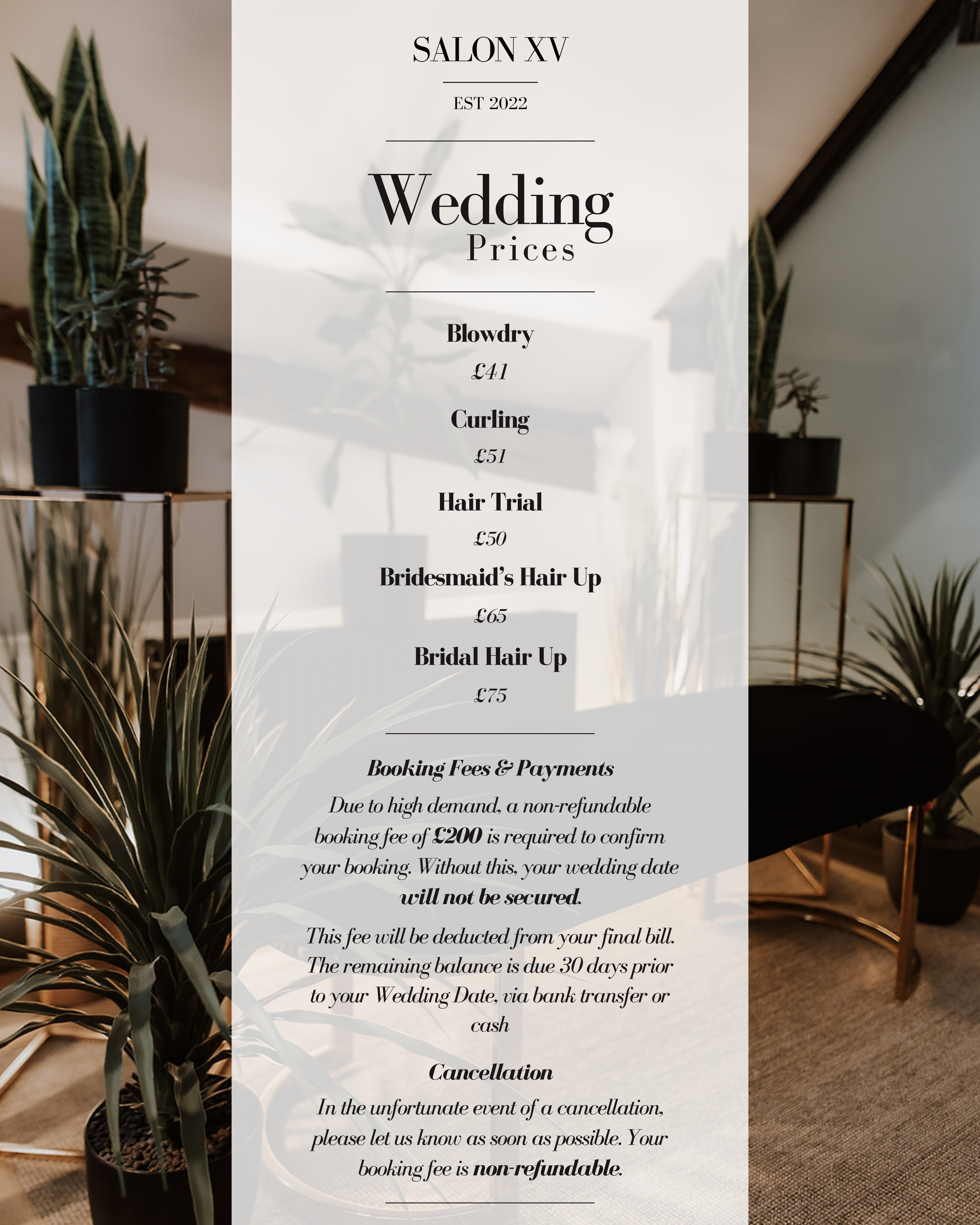 Wedding prices and policies at Salon XV, listed on a white poster with a background of plants in a salon setting.