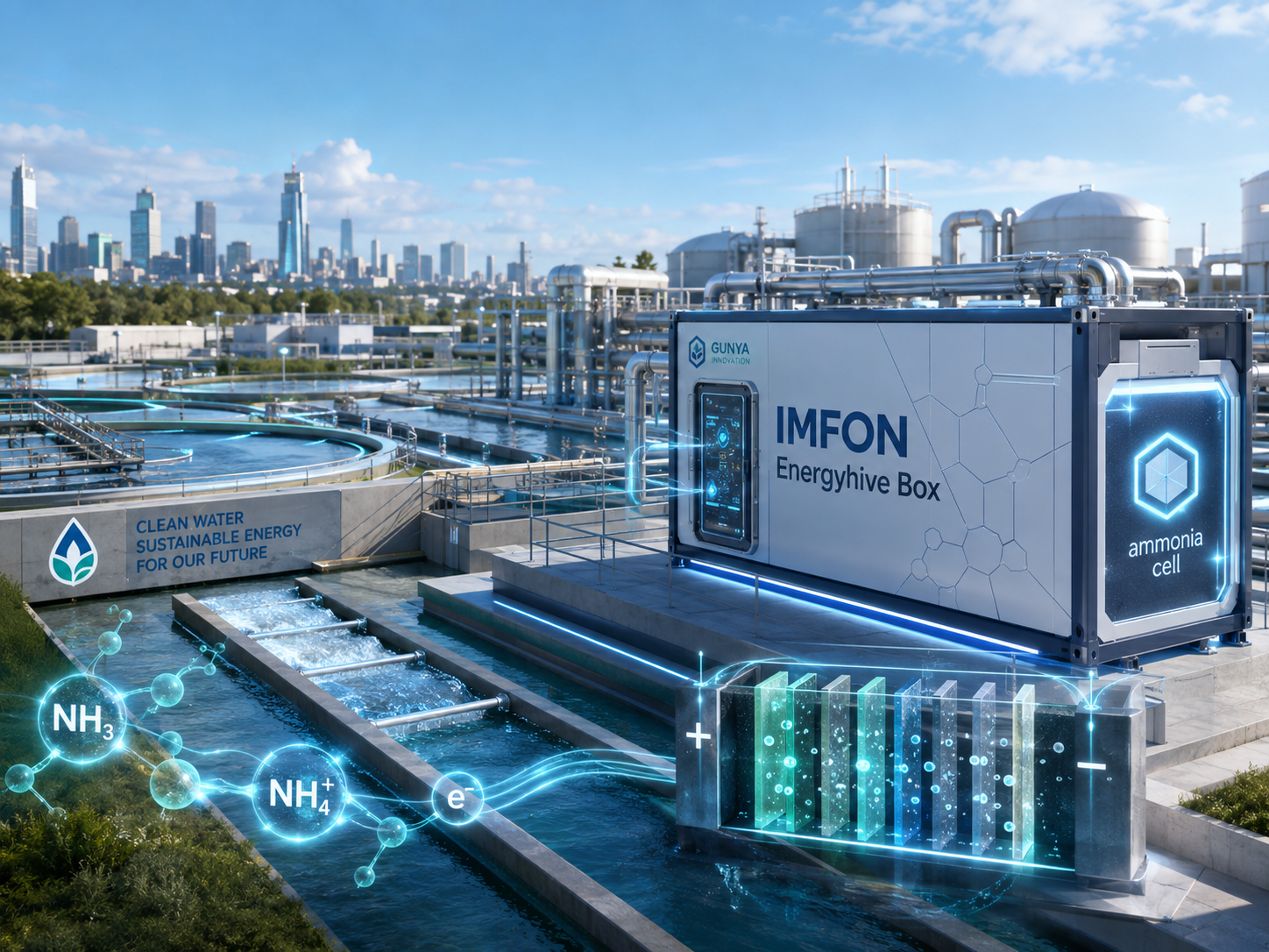 Industrial water treatment facility with a futuristic digital overlay showing chemical symbols and data, featuring a large white box labeled 'IMFON Energyhive Box' and 'ammonia cell,' with city skyline in the background.