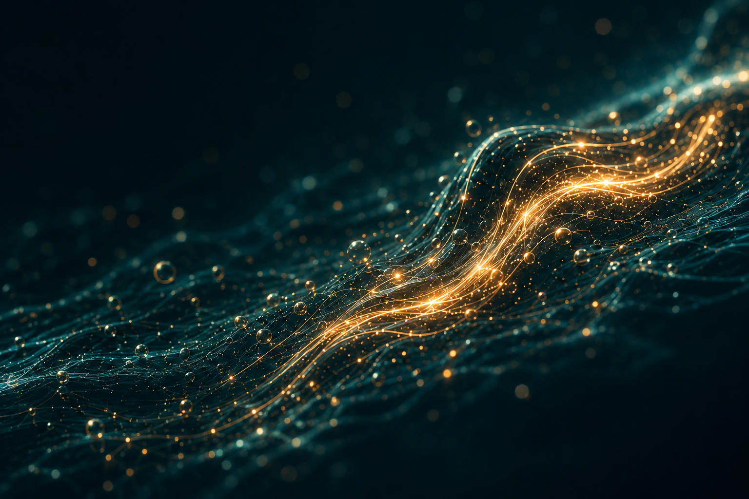 Golden glowing lines and dots flowing across a dark background, resembling data or digital waves.
