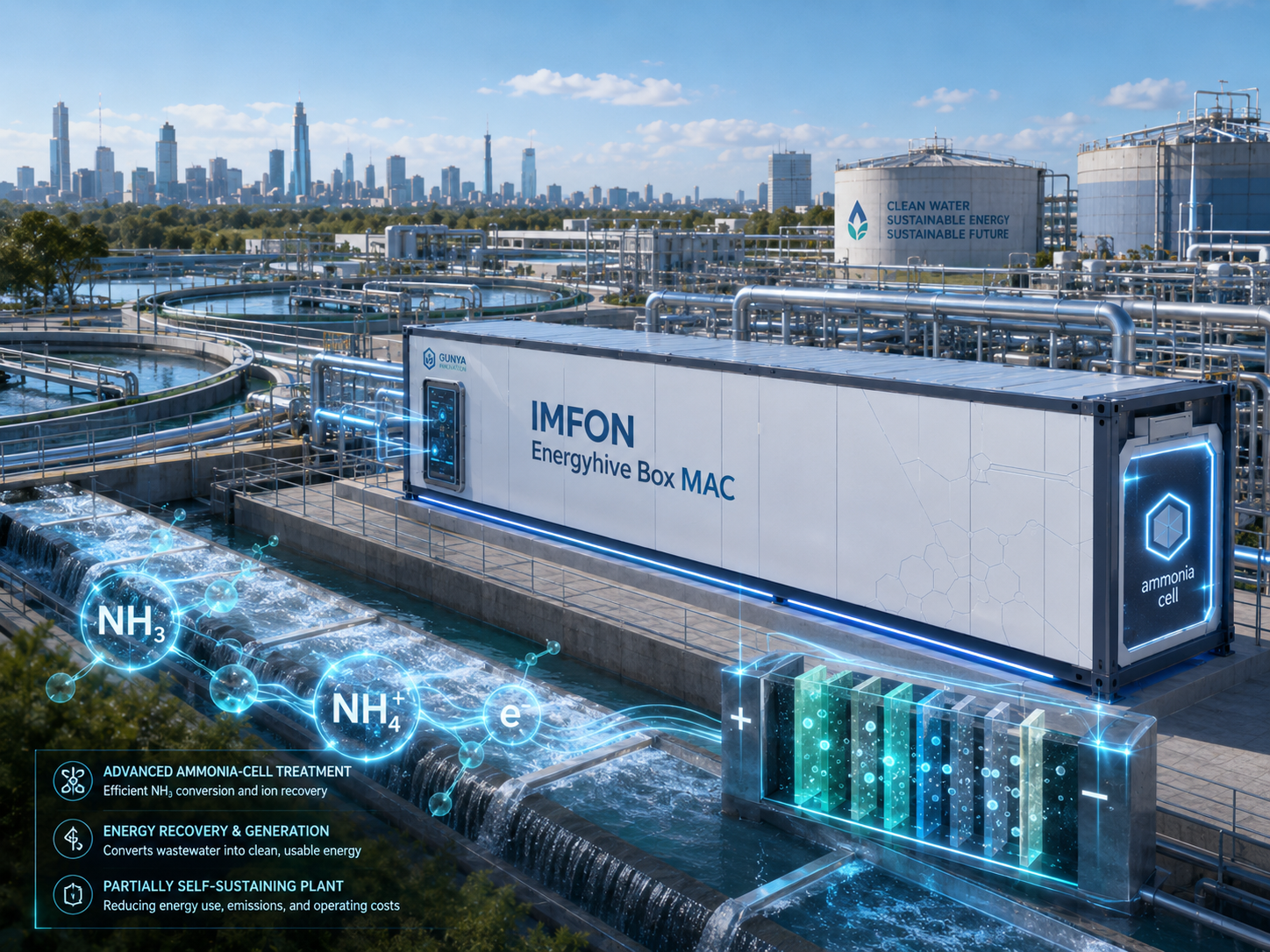 Modern wastewater treatment plant with a large container labeled 'IMFON Energyhive Box MAC' and a digital display showing an ammonia cell. The plant features circular tanks, pipelines, and a city skyline backdrop. Overlaid graphics depict chemical formulas for ammonia and hydrogen, along with informational text about ammonia-cell treatment, energy recovery, and sustainability.