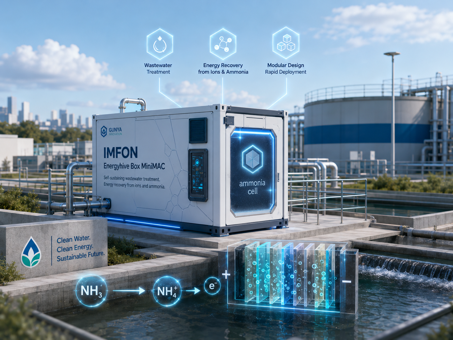 Photograph of a modern ammonia energy storage and water treatment system on a rooftop, with city skyline in the background. The system features labeled components such as an ammonia cell, energy recovery, modular design, and wastewater treatment, with digital overlays illustrating chemical processes and tech features.