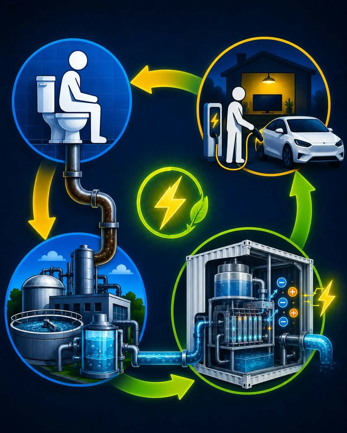 Diagram of an eco-friendly water recycling and energy system illustrating water being recycled from a toilet, processed through an industrial water plant, stored in a container, and then used to recharge an electric vehicle at a home charging station, emphasizing sustainable energy and water reuse.