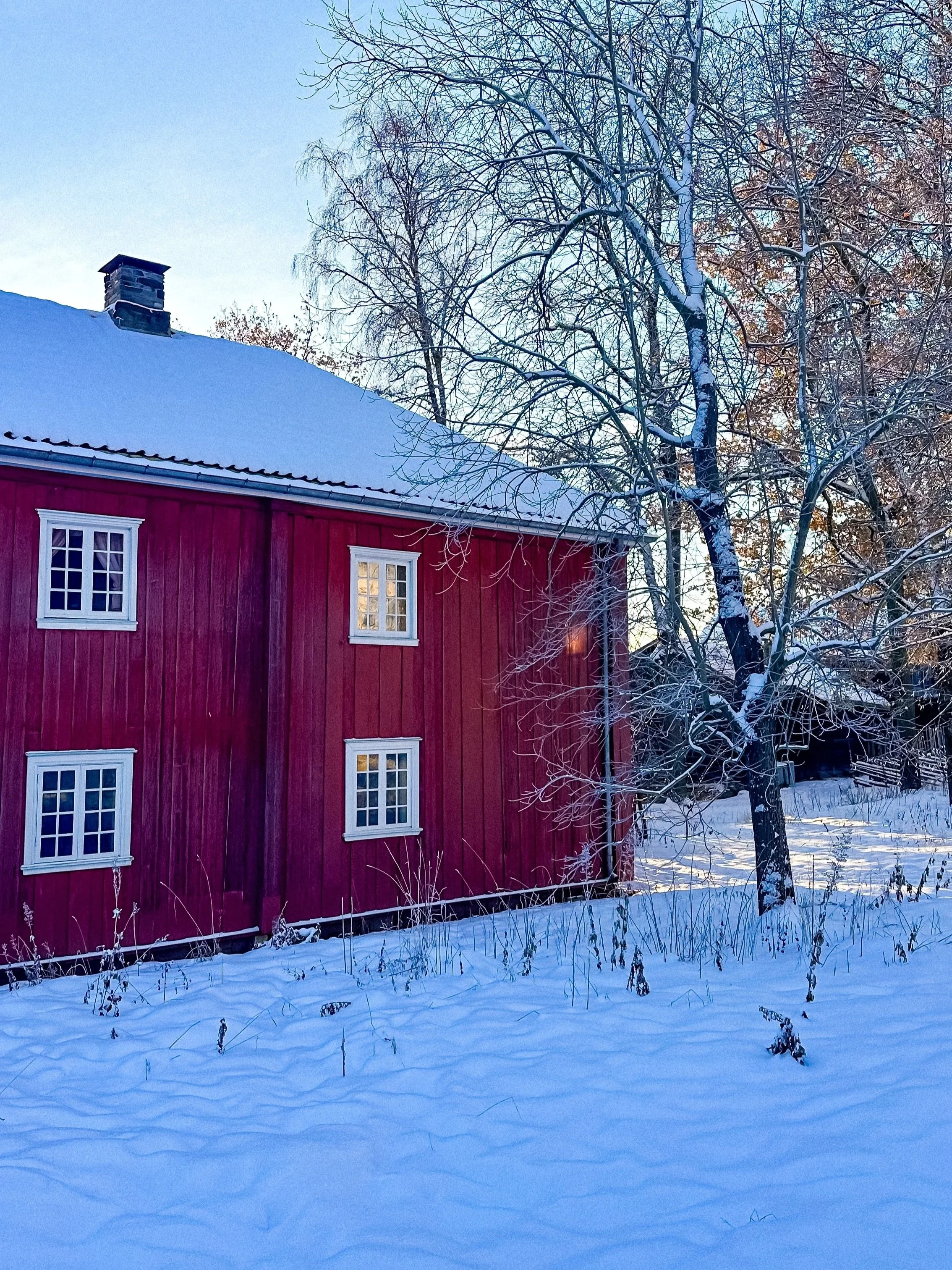 norwegian red wooden houses with white windows covered with snow