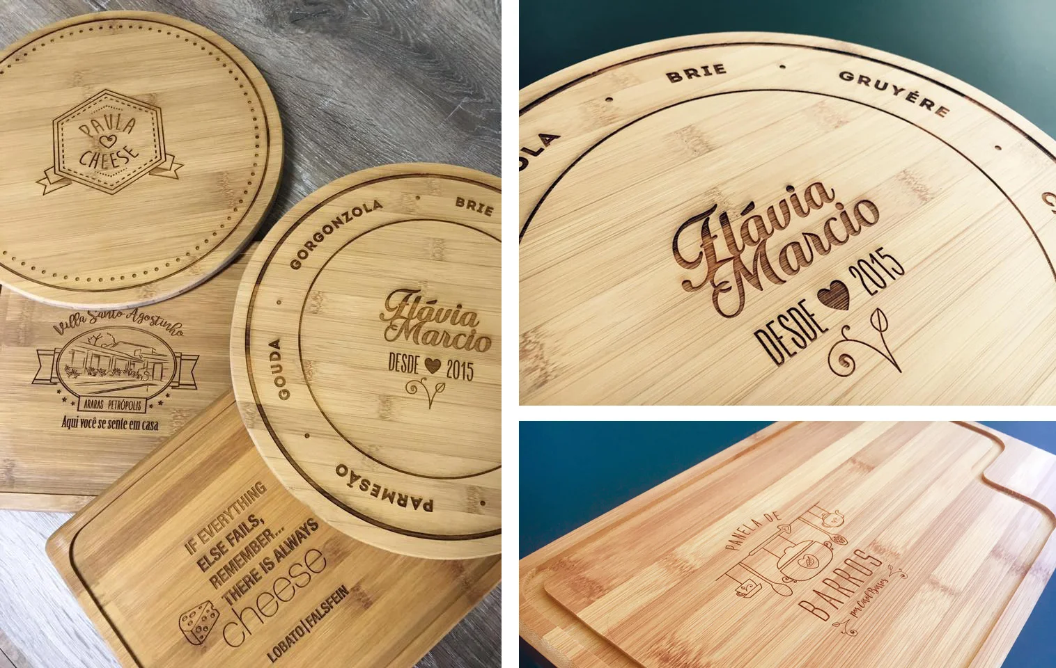 Essas são as tábuas com arte da Container, elaboradas de acordo com quem vai presentear. Feitas de bambu, material ecologicamente correto e resistente ao uso, são gravadas a laser.