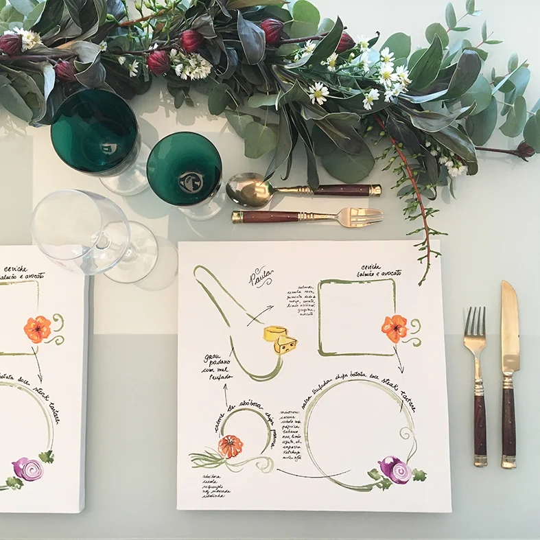 Os souplats em tela, pintados à mão. Função de Menu (com receitas), marcador de assentos e uma amorosa lembrança que cada um leva para casa, com seu nome, ao final do jantar.