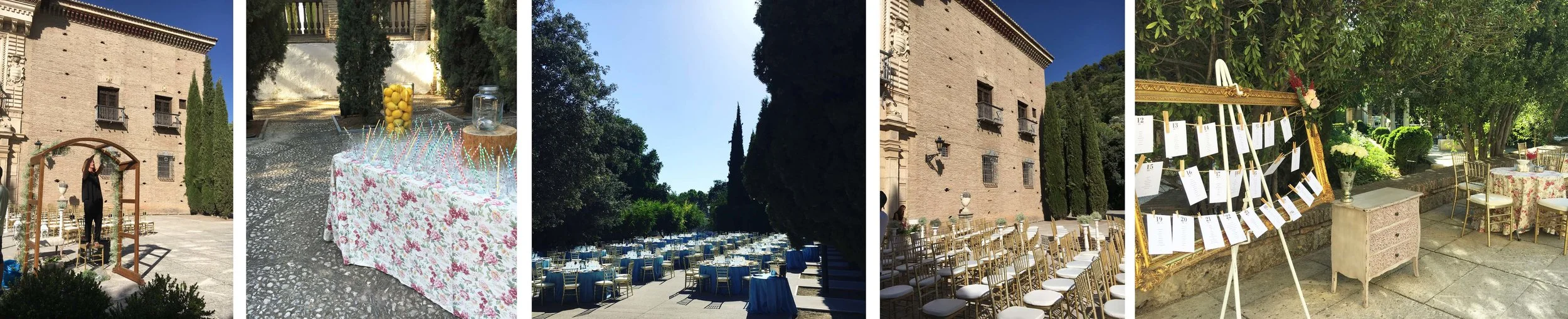 como a decor linda deste casamento sendo montado em Granada, com Welcome Drink, arcos florais para cerimônia, ambientes com cara de "casa"