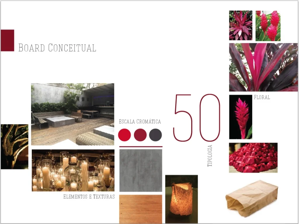 A primeira coisa é o mood - o "clima" do projeto. Através das cores, texturas, materiais e neste caso num mesmo board, tipografia e cores, mostram a cara do evento. O importante é a integração com o espaço,&nbsp;onde neste caso não houve interferênc…