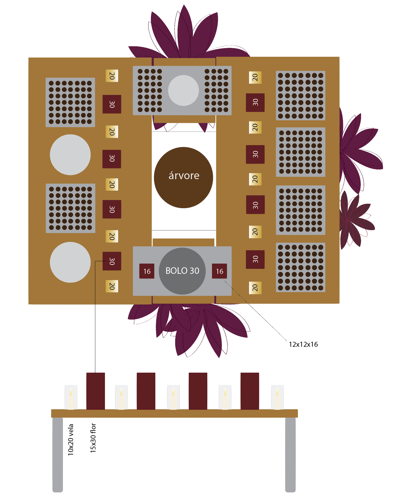 Aqui, a alteração da mesa em relação a ideia inicial. Neste projeto não houve locação de mobiliário, tivemos que nos virar com o que existia na casa. Fizemos partido da árvore para localização da mesa de doces, posicionando as mesas em torno dela, c…