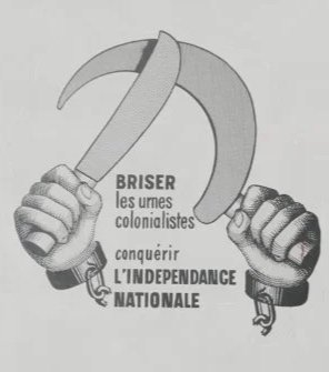Two hands holding chains connected to sickles, with French text advocating for independence from colonialists.