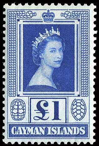 Blue postage stamp from the Cayman Islands featuring a portrait of Queen Elizabeth II wearing a crown, with a decorative border, and a denomination of £1.