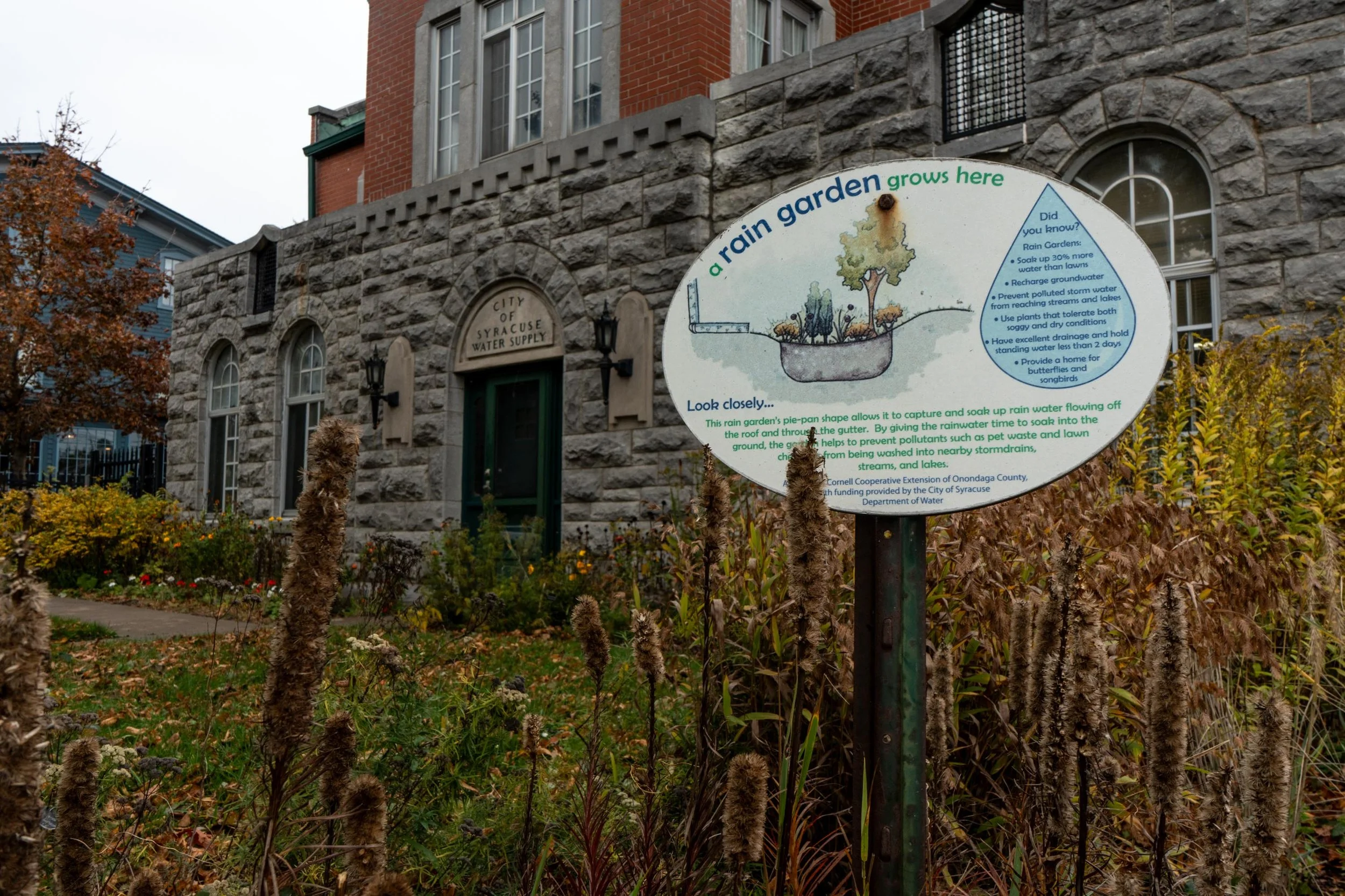 Skaneateles Lake provides drinking water to over 165,000 people within Skaneateles, Syracuse, Dewitt, Jordan, and Elbridge, New York. A rain garden sits outside of the Syracuse Water Treatment Plant, highlighting the importance of riparian buffers al