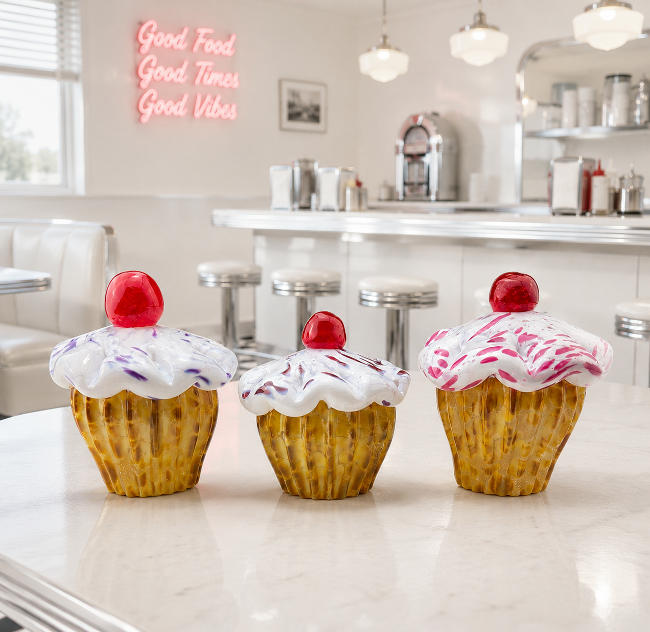 Set of Three Pink,Red and Purple Sprinkled Cupcakes