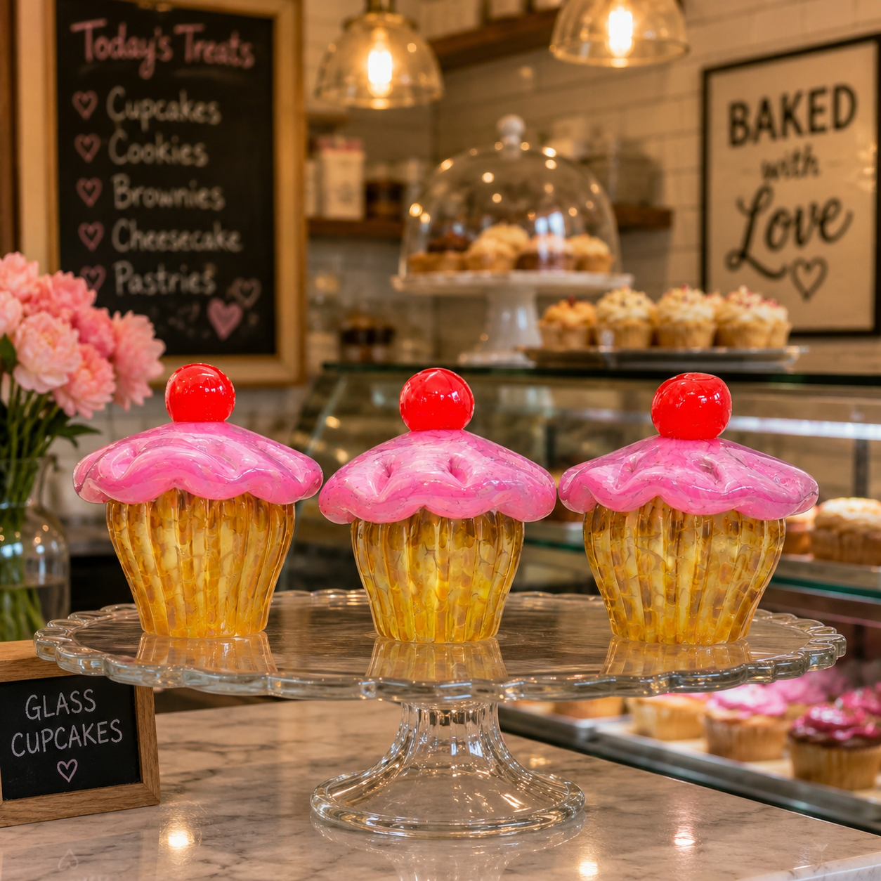 Set of Three Pink and Caramel Cupcakes